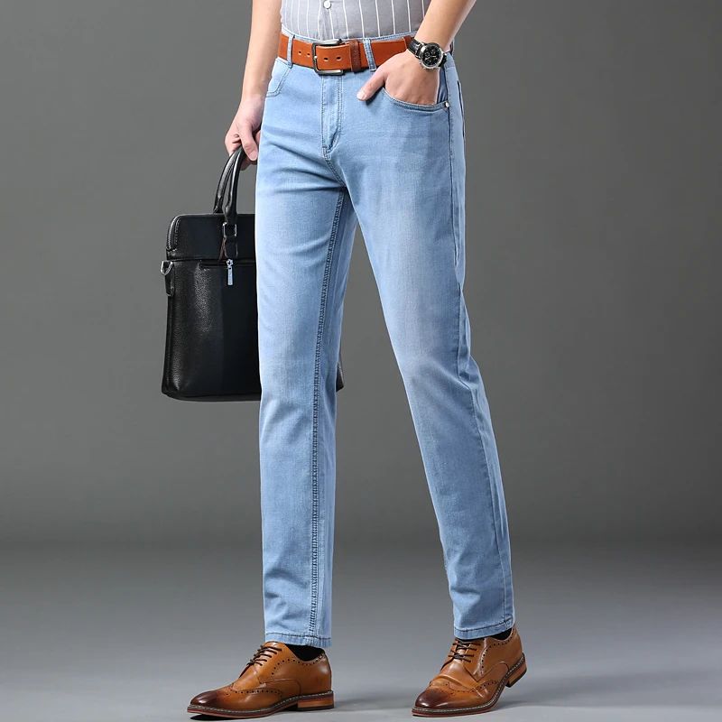 Spring Autumn Business Men Jeans Casual Straight Stretch Fashion Classic Black Sky Blue Grey Work Denim Trousers Brand Clothing