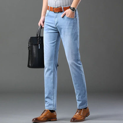 Spring Autumn Business Men Jeans Casual Straight Stretch Fashion Classic Black Sky Blue Grey Work Denim Trousers Brand Clothing