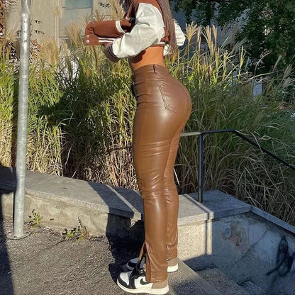 Winter Women's Leather Pants Black Slim Zipper Classic Leather Trousers Pencil Beige Tight Pu Faux Leather Pants for Women