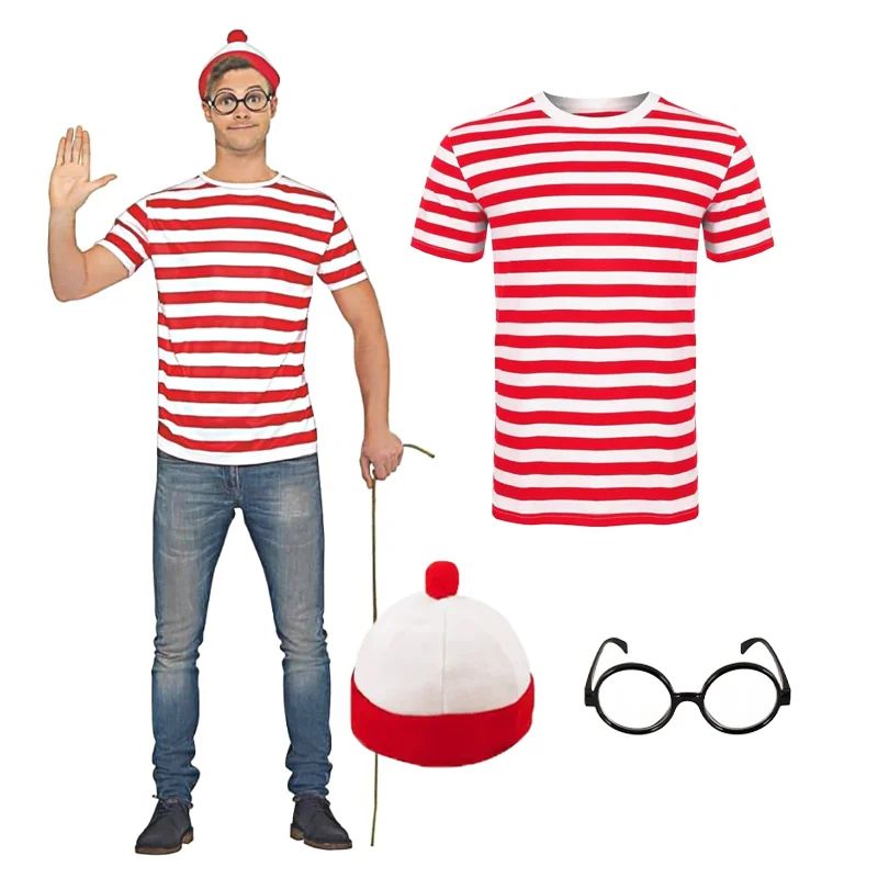 Wheres Youth Family Wally Costume Short Sleeves Glasses and Hat Socks Unisex  Adults Halloween Cosplay Costume