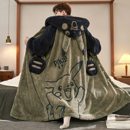 Gengar Pajamas Suit Anime Pokemon Winter Coral Fleece Nightgown Large Size of Thickened Warm Cartoon Men Hooded Home Suit Set
