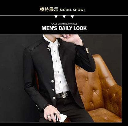 2024 Spring New Men's Stand Collar Casual Suit Jackets Youth Fashion Solid Color Stitching Three Button Mens Blazer Coats