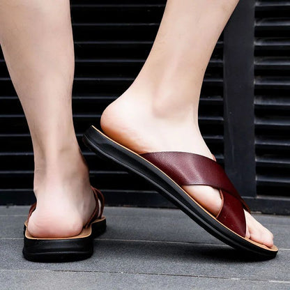 Men Shoes New  Summer Shoes Italian Leather Slippers Men High Quality Size 38-47 Beach Slip on Flats Man Flip Flops Mens Sandals