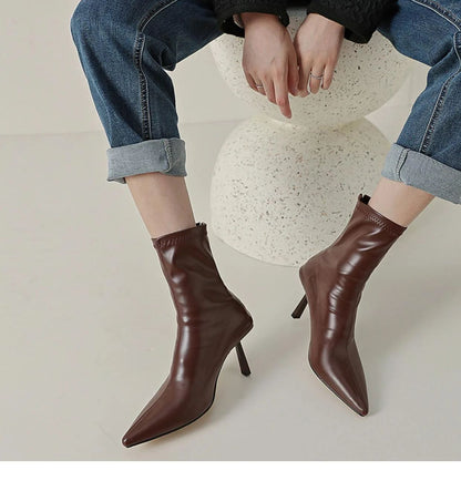 2024 New Autumn Winter Pointed Toe Women Ankle Boots Fashion Zipper Shoes Thin High Heel Women's Morder Short Booties D214