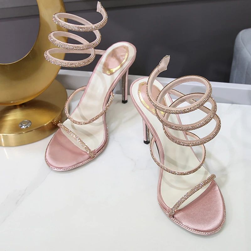 Eilyken Fashion Style Sandálias Femininas com Tira no Tornozelo, Strass e Diamantes, Sexy, Bico Aberto, Salto Agulha Fino, Sapatos de Festa para Boate e Banquete
