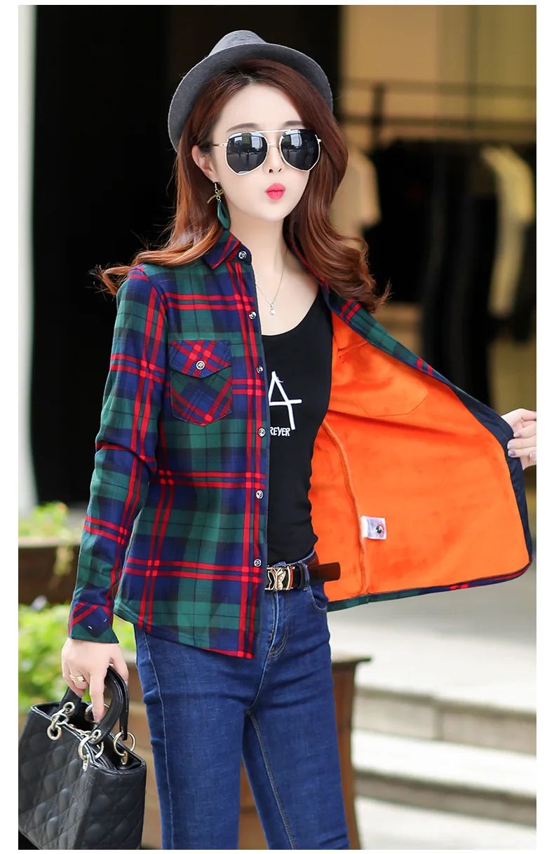 Thickened Fleece Women's Casual Shirt Korean Style All-Match Slim Fit Warm Plaid Elastic Large Size Button down Coat