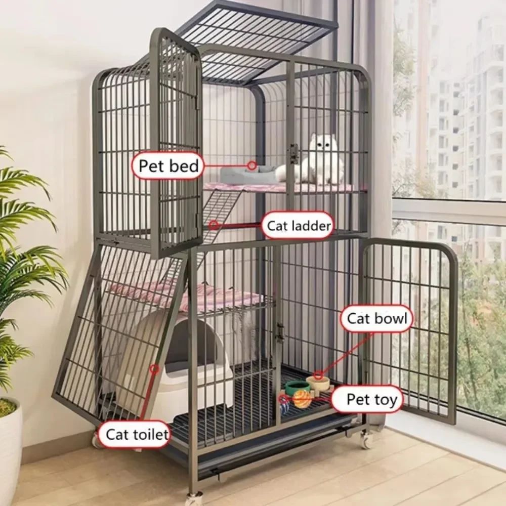 Villa para Gatos de Dois Andares Interna Extra Grande Espaço Livre Gaiola para Pets Casa de Escalada para Gatinhos Villas para Gatos Castelo para Gatos com Banheiro Integrado