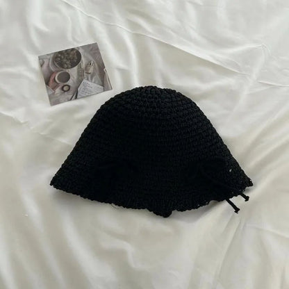 Chapéu de Sol Coreano com Laço de Primavera e Verão, Chapéu Bucket Doce da Moda, Chapéu de Sol Feminino de Palha de Cor Sólida de Malha Respirável para Exteriores