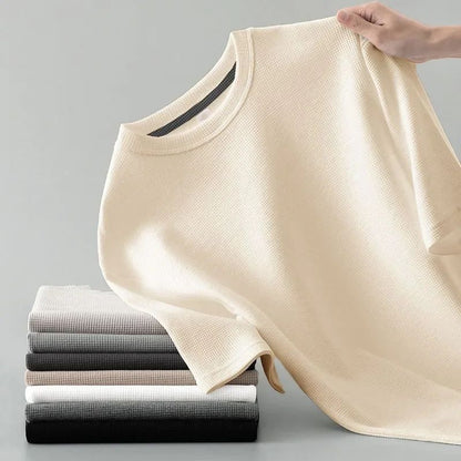 Korean Style Men Summer T-Shirt Man Short Sleeved Waffle Solid T-Shirt Color Casual Tee Round Men's Round Neck Fashion Top