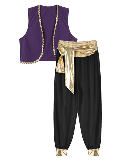 Aladin Costume Men Arabian Prince Cosplay Dress Up Waistcoat Top Harem Pants Suit Halloween Theme Party Carnival Stage Outfits