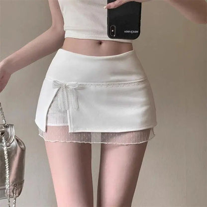 Mini Skirts Women Patchwork Lace Bow Hotsweet Summer A-Line Skirt with Safety Pants Fashion Side Slit Bodycon 2025 Lady Skirts