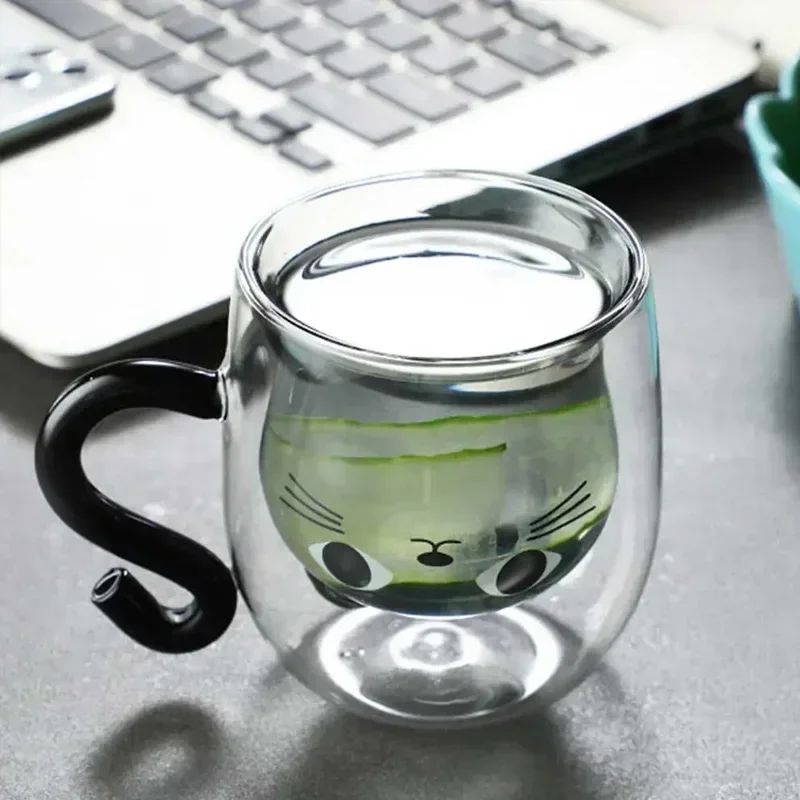 Copo de Vidro de Parede Dupla Gato Criativo 250ml com Alça Copo de Café Fofo Caneca Resistente ao Calor Utensílio de Cozinha para Escritório