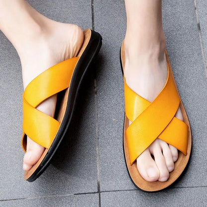 Men Shoes New  Summer Shoes Italian Leather Slippers Men High Quality Size 38-47 Beach Slip on Flats Man Flip Flops Mens Sandals