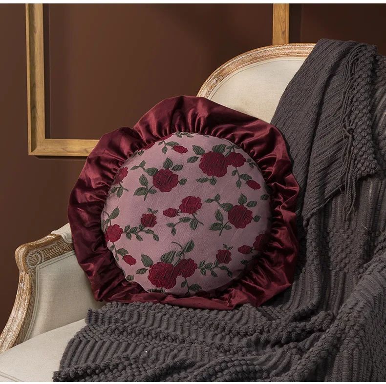 Removable Washable American Light Luxury Sofa Flower Pillow Homestay Round Cushion Retro Ruffle Edge Red Pillow  Throw Pillows