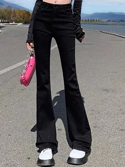 Women Korean Flare Jeans Girls High Waist Elastic Boot Cut Pants Lady Vintage Blue Black Gray Brown Denim Bell Bottom Trousers