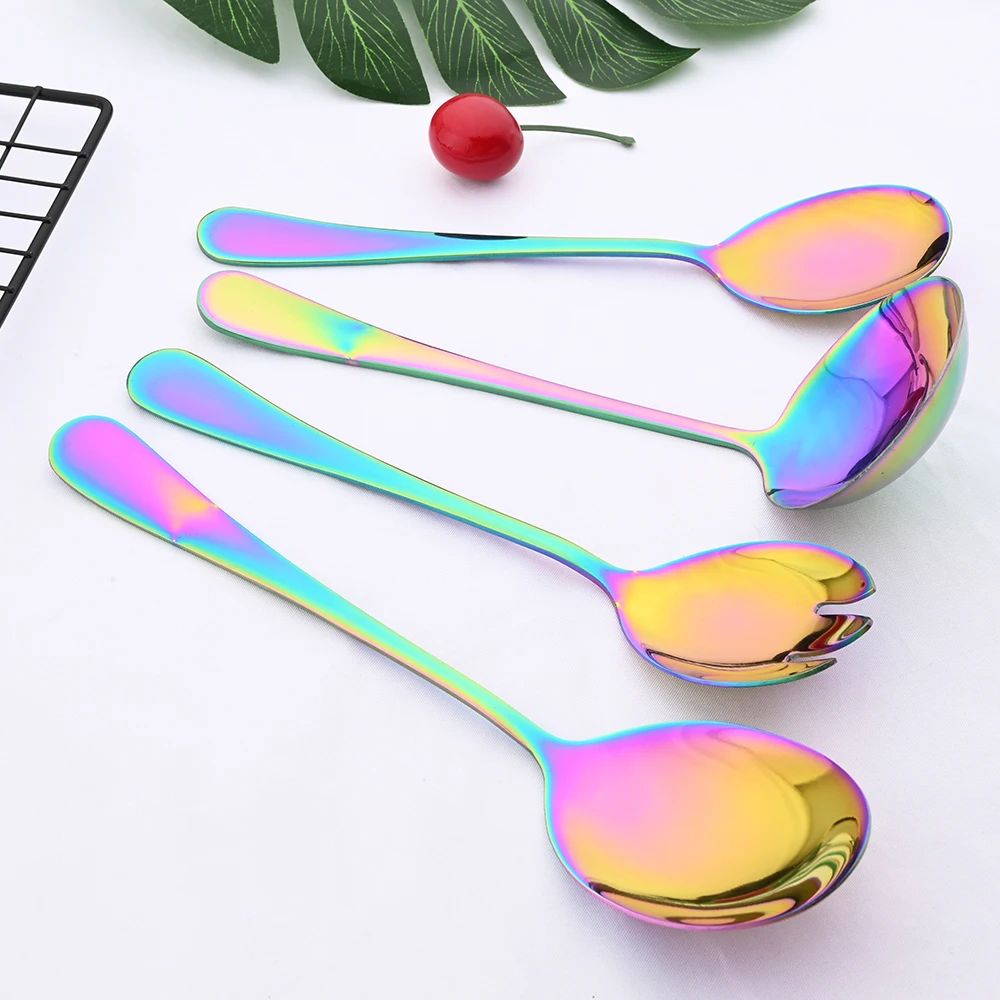 2Pcs Salad Spoon Dinnerware Set Gold Unique Spoon Cutlery Set Salad Fork Stainless Steel Tableware Party Serving Spoon Flatware
