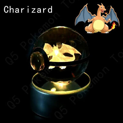 Esfera de Cristal 3D Pokémon 7CM 5CM Mewtwo Pikachu Gengar Bola de Cristal de Vidro Pokémon Pokebola Luminária Noturna LED com Base de Presente