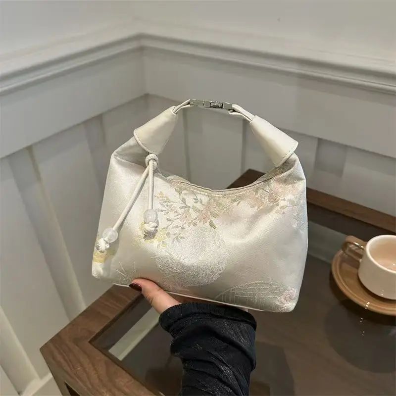 Sweet Embroidery Shoulder Bag Nylon Texture Pearl Pendant Crossbody Bag Small Bucket Handbag Women Canvas Luxury Cheongsam Bag