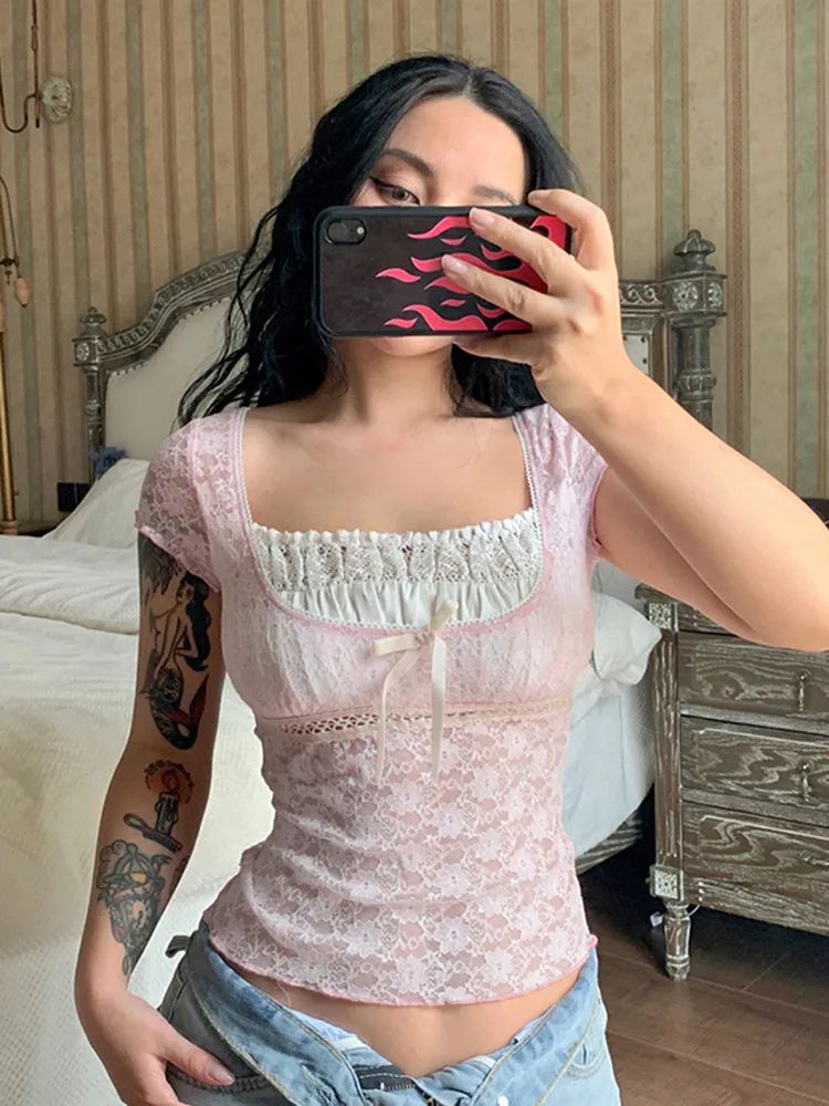 2025 New Retro Lace Tops Women y2k Gothic Sweety Shirts Short Sleeve Lace Square Neck Crop Tops and Blouses Summer Tshirt