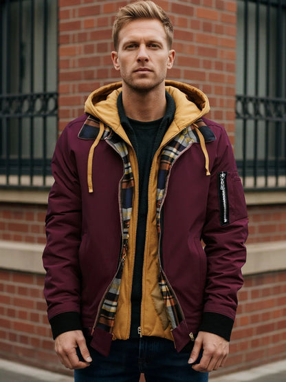 Jaqueta masculina de moletom com capuz outono inverno casual cor sólida falsa de duas peças com zíper e manga comprida quente