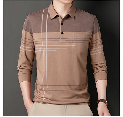 New Men's Polo Shirt Long-sleeved Polos Shirt Lapel Fashion Spring and Autumn Thin Shirt Casual Loose Tops Striped Streetwear