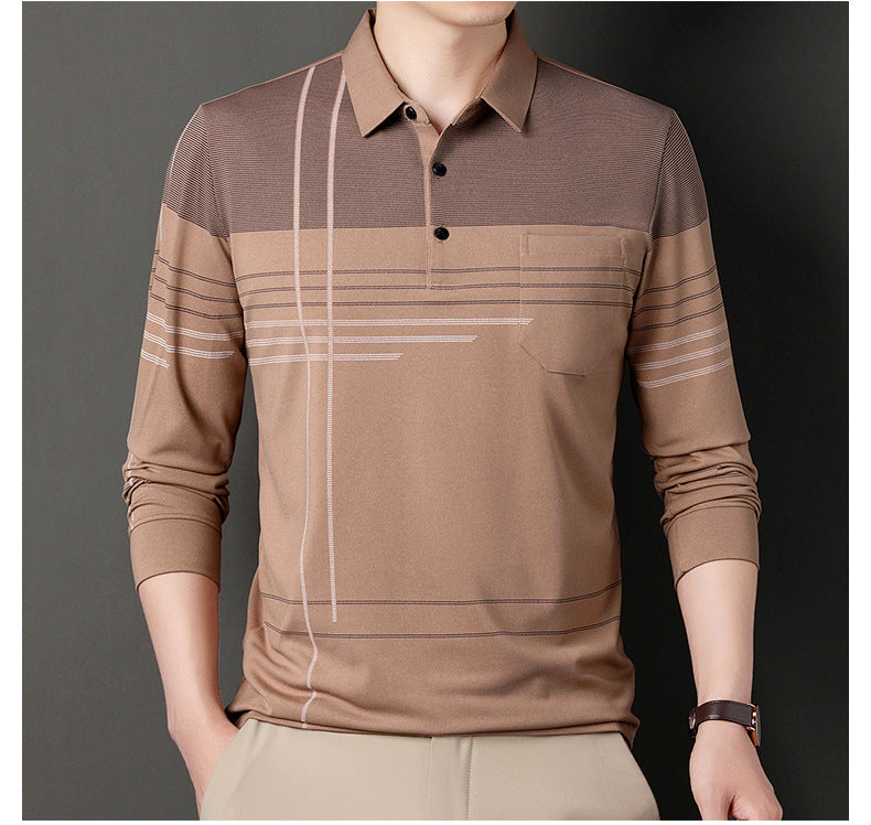 New Men's Polo Shirt Long-sleeved Polos Shirt Lapel Fashion Spring and Autumn Thin Shirt Casual Loose Tops Striped Streetwear