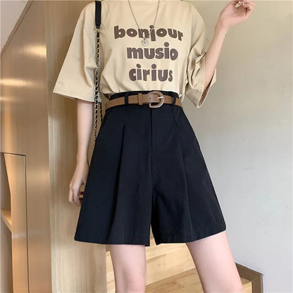 Workwear Shorts for Women High Waist Summer Wide-leg Shorts Belt Khaki Casual Cotton Korean Fashion Solid Pocket Womens Shorts
