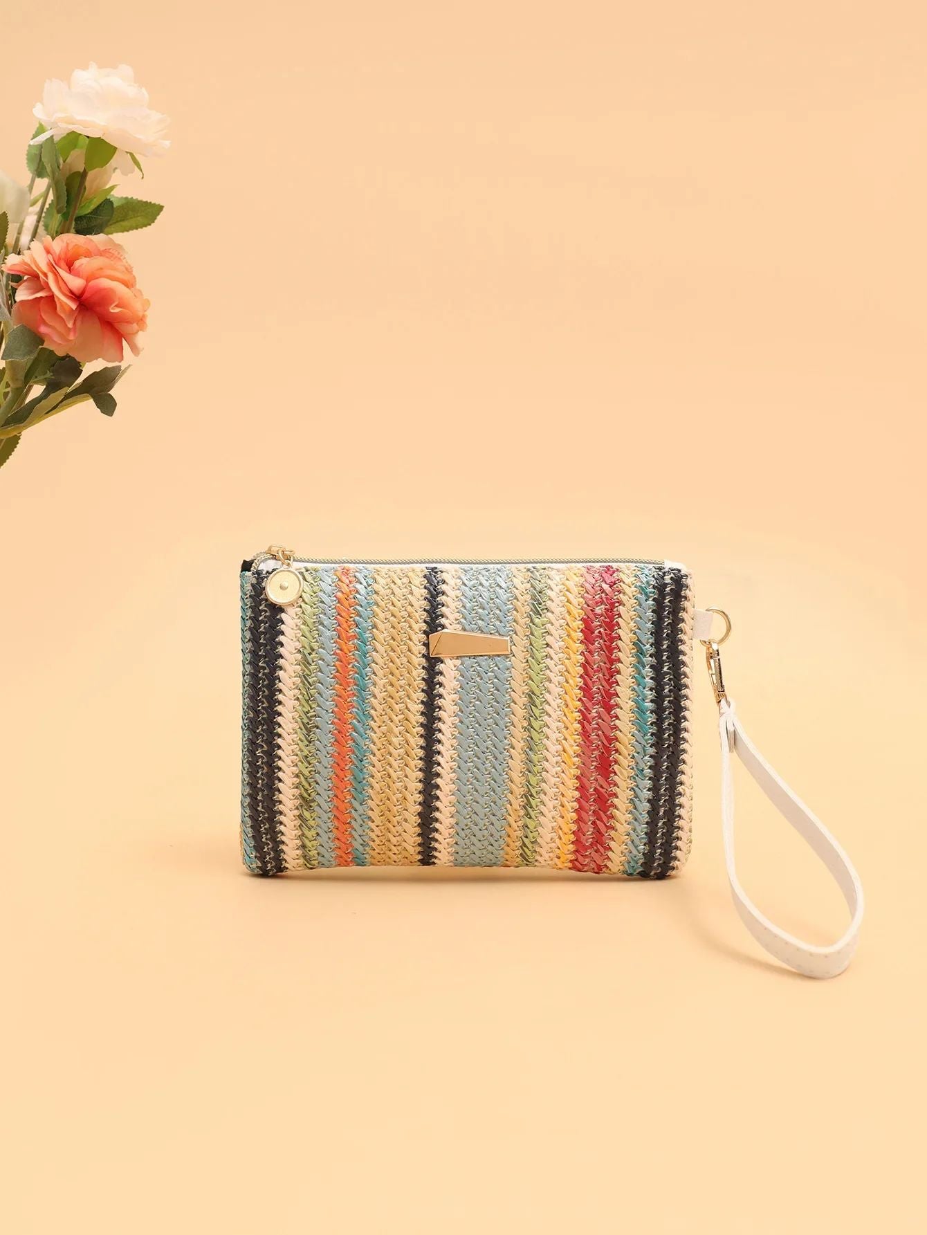Rattan Knitting Women Straw Bags Fashion Colorful Summer Beach Clutch Bag Female Woven Wristlet Bag Wallet Money Coin Purse