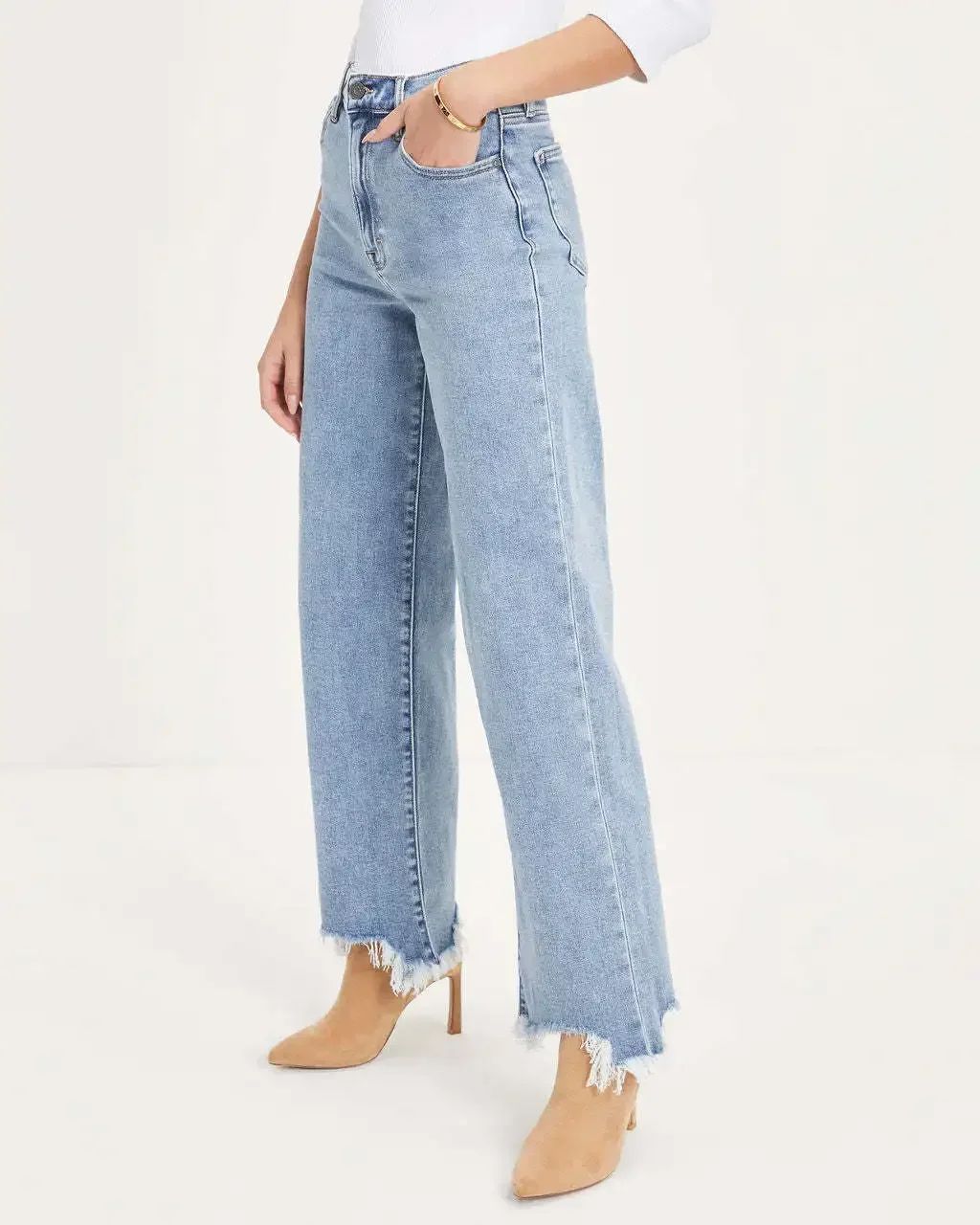 Women Denim Tassel Wide Leg Pants Jeans Washing Loose Fit Mid Waist Pockets Zipper Fly Solid Color Ankle Length Pants Basics