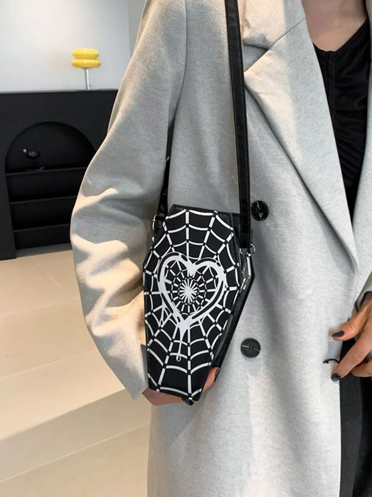 Women Fashion Shoulder Bag Large Capacity Coffin Shaped Casual Satchel Bag Adjustable Strap Spider Web PU Leather Chic Hobo Bag