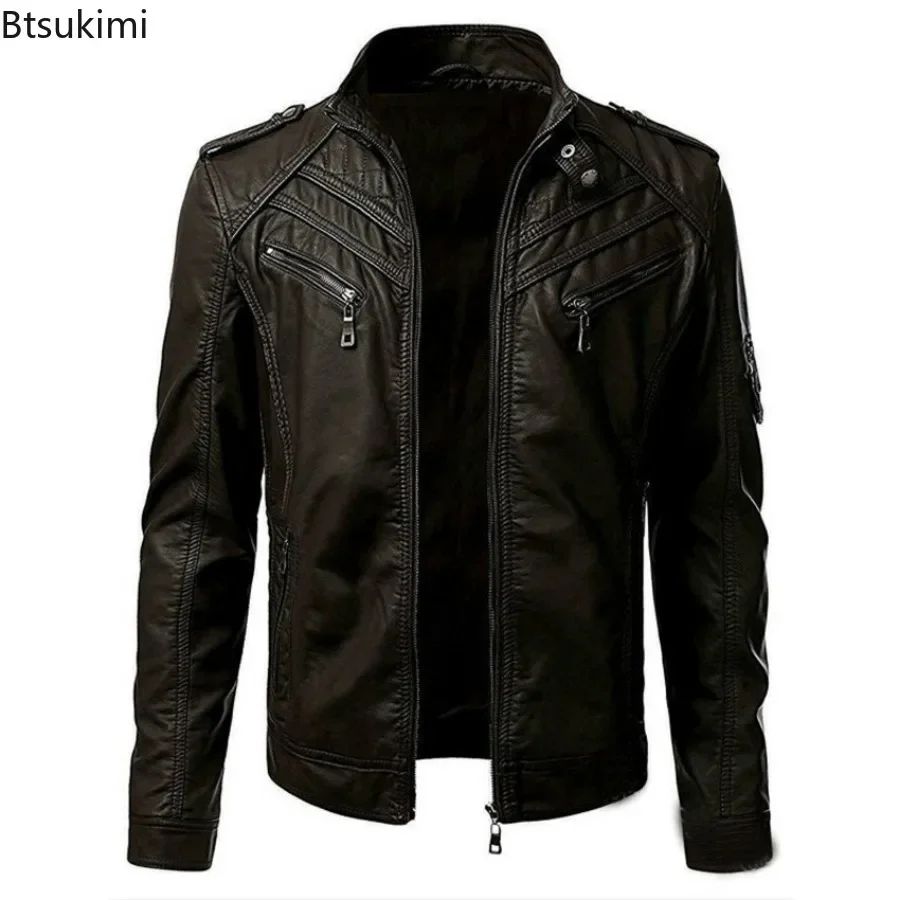 New 2025 Spring Autumn Men's Leather Jackets Fashion Patchwork Stand Collar PU Leather Coats Handsome Motorcycle Jackets for Men