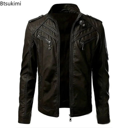 New 2025 Spring Autumn Men's Leather Jackets Fashion Patchwork Stand Collar PU Leather Coats Handsome Motorcycle Jackets for Men