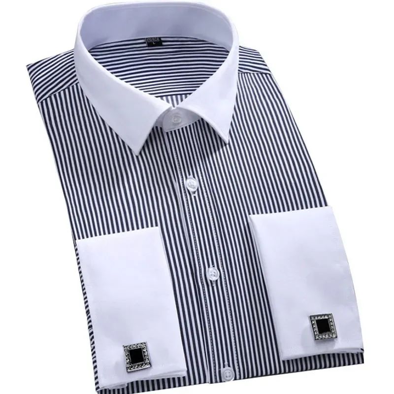 2024 New M~6XL Men's French Cuff Dress Shirt Yellow -White-Purple-Black Long Sleeve Formal Business Buttons Regular Fit Comfort