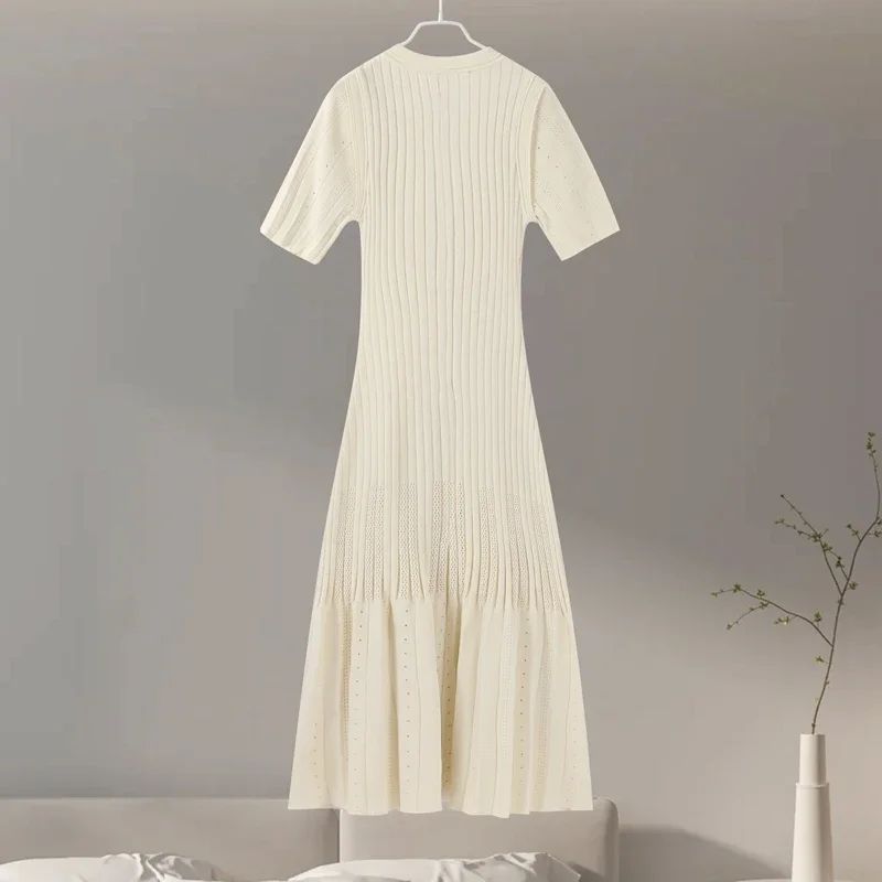 Elegant Knit Dress For Women White Slim O-neck Single Breasted Short Sleeve Long