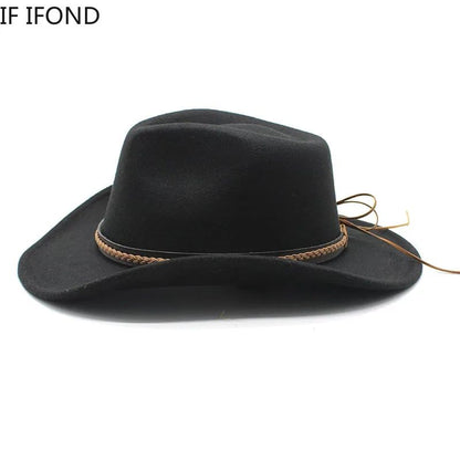 Winter Roll Up Brim Western Cowboy Hat With Leather Retro Gentleman Lady Jazz Cowgirl Cap Church Sombrero Caps