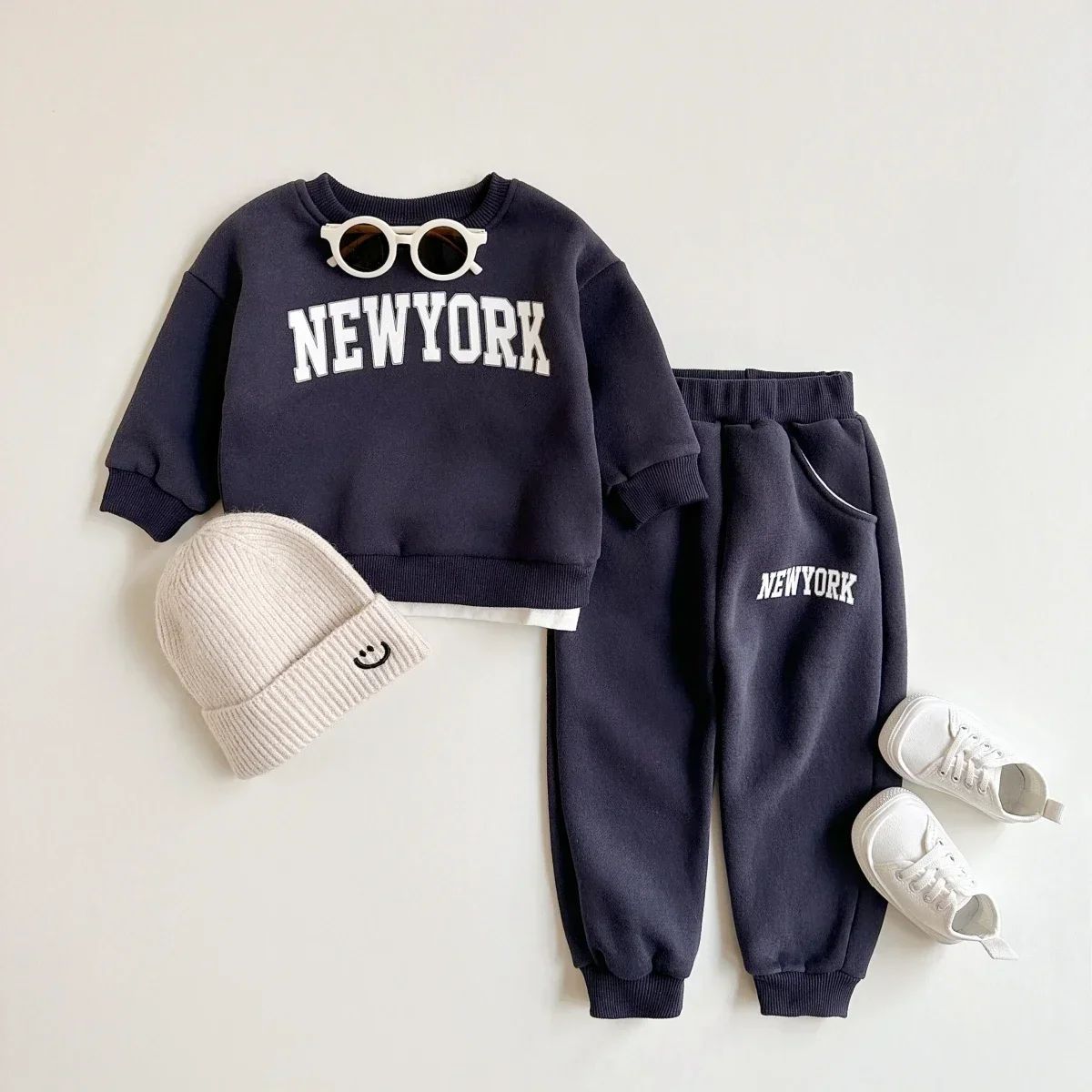 2 Peças Conjunto Roupa Bebê Meninos Meninas Estampa NewYork Top Esportivo Calça Terno Moletom Inverno Roupa Criança Recém-nascido Grosso