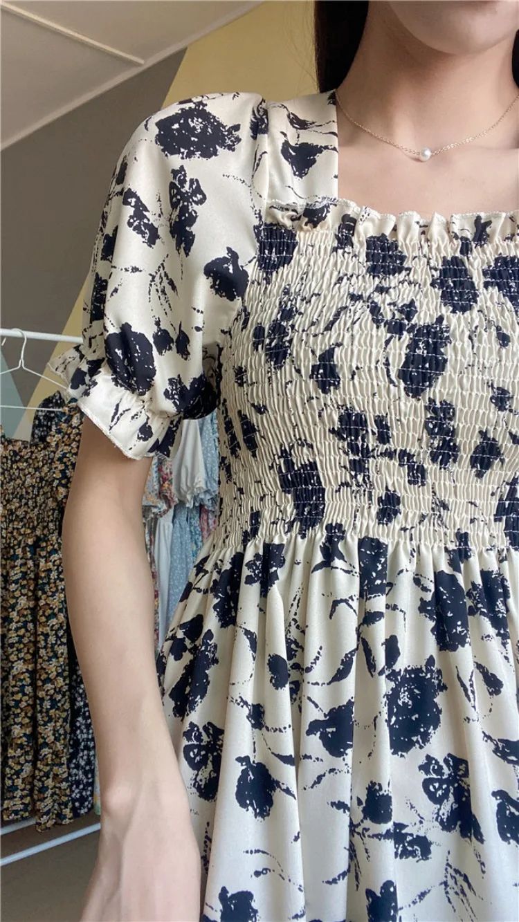 Spring Summer Elastic Waist Chiffon Dress Women Casual Dresses Fashion Female  Vestidos Short Sleeve Pleated A-line Dresses