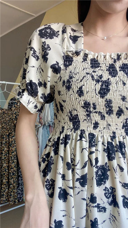 Spring Summer Elastic Waist Chiffon Dress Women Casual Dresses Fashion Female  Vestidos Short Sleeve Pleated A-line Dresses