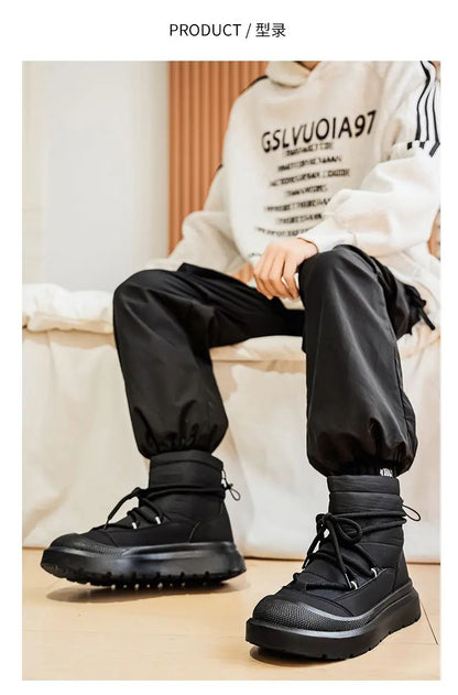 Work Style Snow Boots for Men Women Plus Fleeces Warm Winter Boots High Top Thick Soled Lace Up Black Plush Couple Cotton Shoes