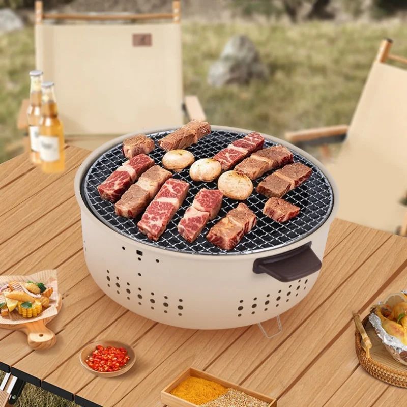 Churrasqueira Portátil Coreana a Carvão de Aço Inoxidável Divisível Fogão Redondo Antiaderente para Churrasco ao Ar Livre Acampamento