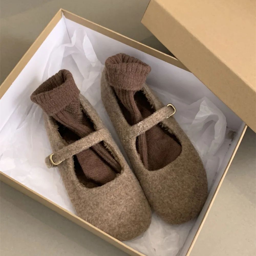 Fashion Square Toe Fleece Flet Ballet Flats Woman Winter Warm Wool Mary Jane Shoes Ladies Brand Design Elegant Plush Loafers