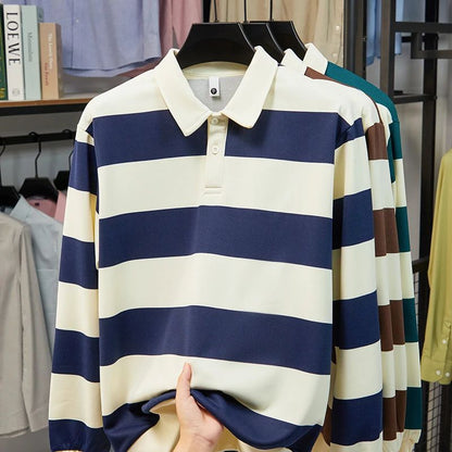 2025 Men's New Striped Long Sleeved Polo Shirt Casual Fashion Autumn Winter Versatile Top