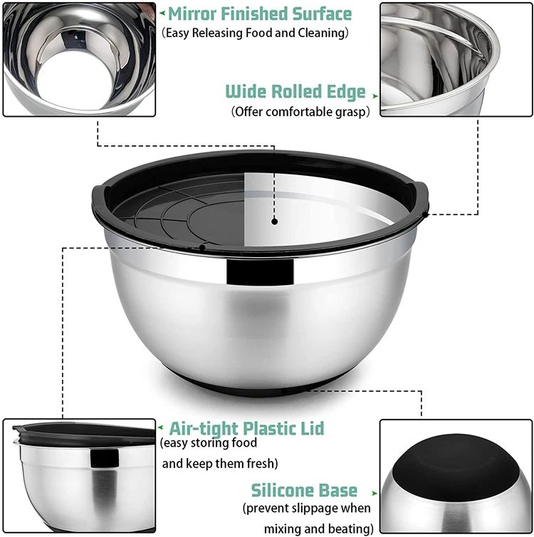 Silicone base thickened with lid cooking basin anti slip salad mixing bowl stainless steel egg beater bowl for kitchen baking