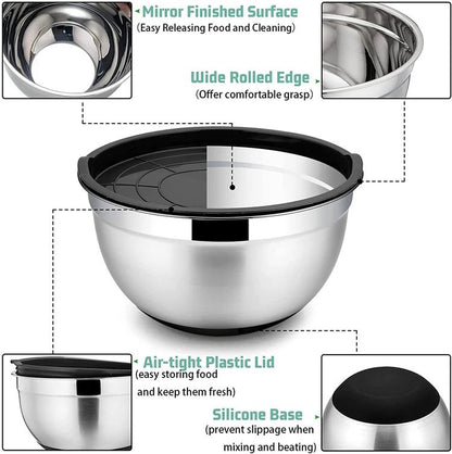Silicone base thickened with lid cooking basin anti slip salad mixing bowl stainless steel egg beater bowl for kitchen baking