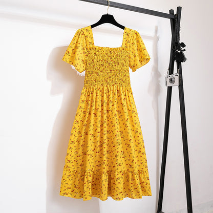 Spring Summer Chiffon Dress Women Midi DressesFemale Short Sleeve Elastic Waist