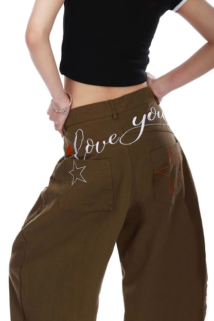 Retro American Star Letter Embroidery Wide Leg Jeans Men's Loose Long Trousers Workwear Pants Summer Denim Low Waist Straight