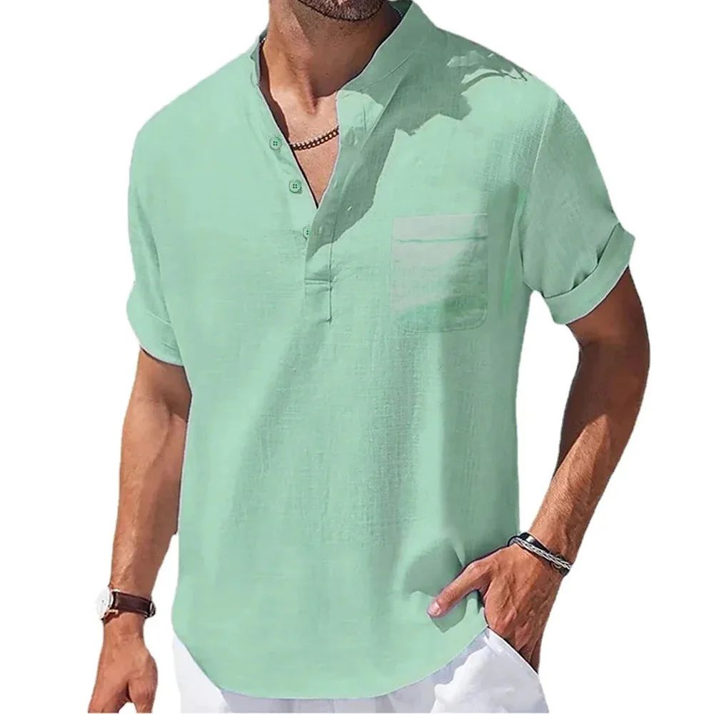 Hot selling Men's Cotton Linen Solid Color Short Sleeve Shirt Casual Summer Henley Collar Shirts Breathable Loose Beach T-Shirts