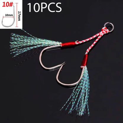 10 pçs/Lote Anzol Auxiliar Cast Jig Aço Carbono Ângulo Farpa Rosca Pena Isca Pesca Lento Jigging Mar Pesca Anzol