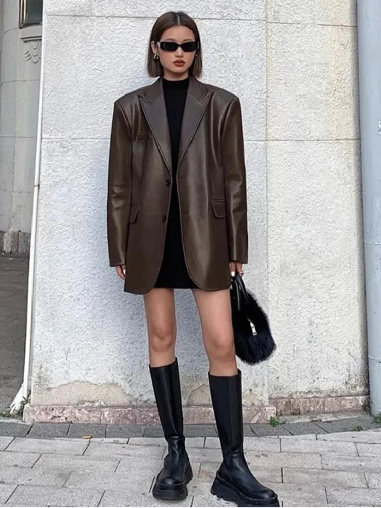 2025Brown /black soft PU leather  women jacket motorcycle long sleeve single breasted casual coat top for autumn high Streetwear