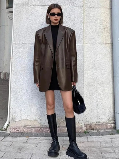 2025Brown /black soft PU leather  women jacket motorcycle long sleeve single breasted casual coat top for autumn high Streetwear